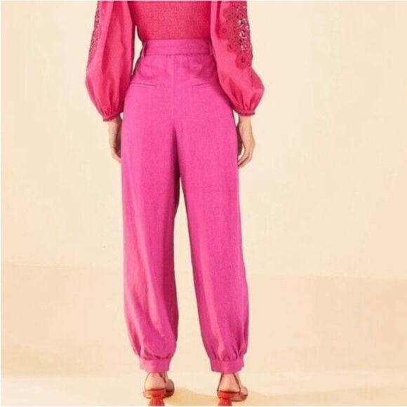 Farm Rio Pink High Waist Linen Pleated Cuffed Hem Waist Belt Taper Pants S - Picture 9 of 10